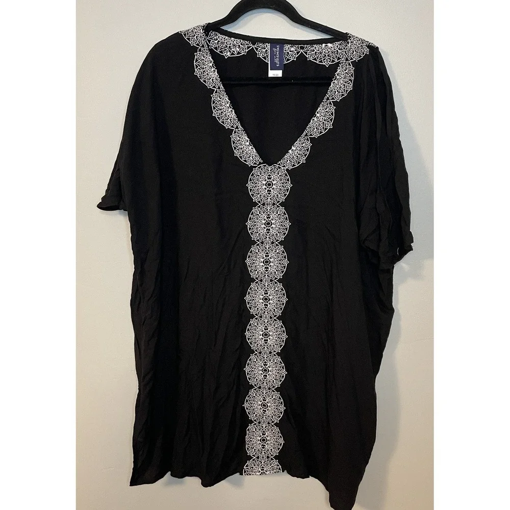 Swimsuits For All Swim Cover Up Sz 18 20 Black Embroidered Rayon Tunic Dress